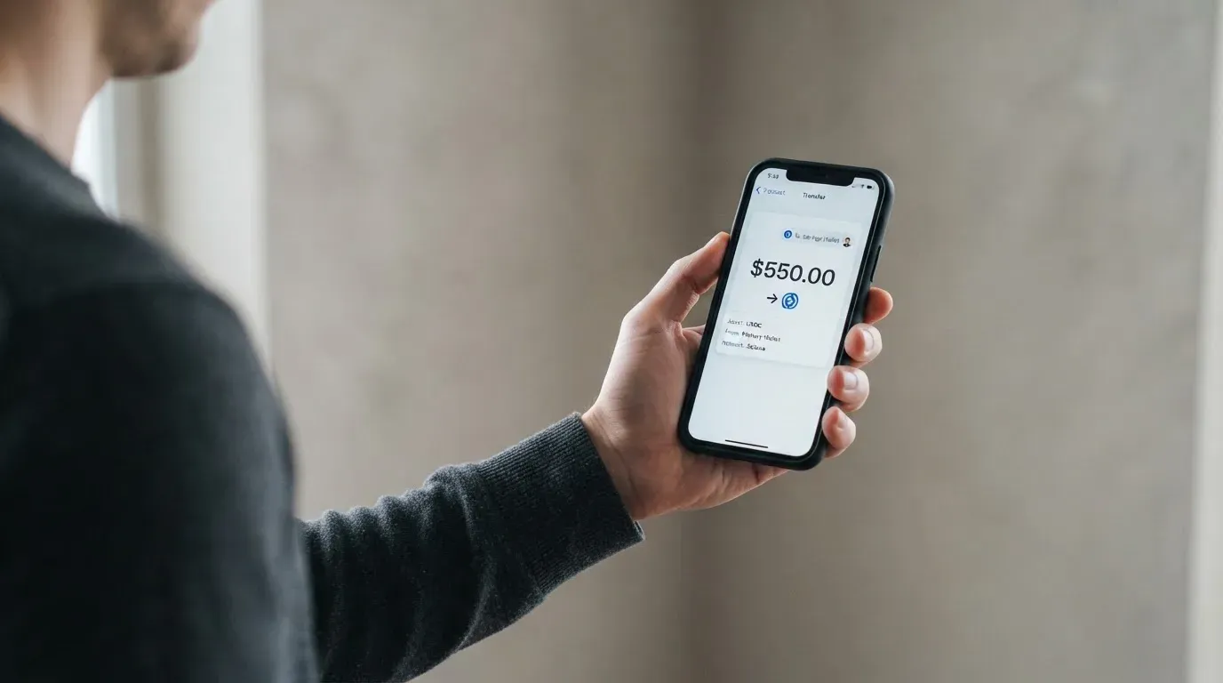 A phone showing a stablecoin transfer screen