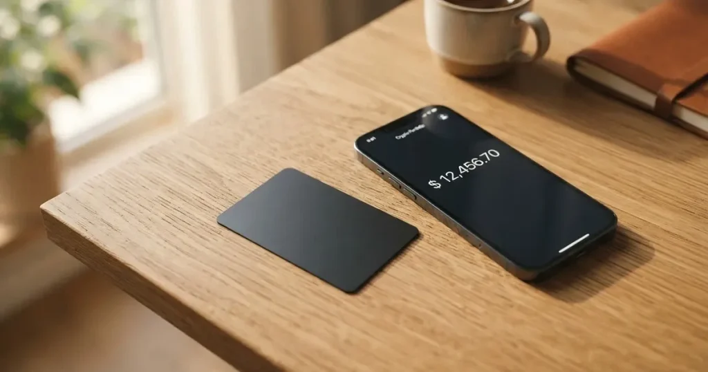 A payment card next to a phone with a crypto wallet app open