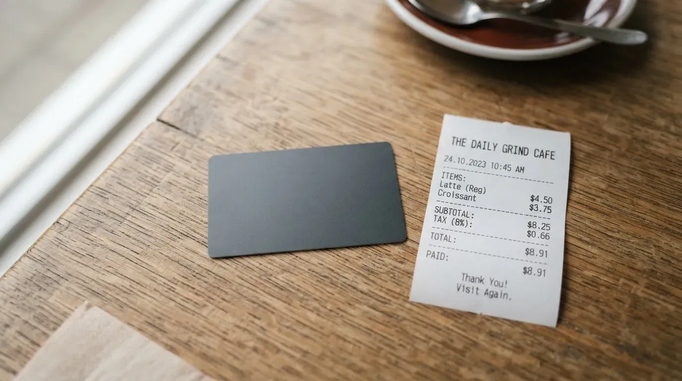 A receipt and a card on a café table