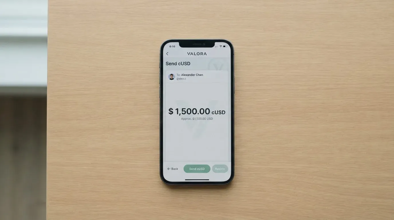A phone showing a stablecoin transfer screen