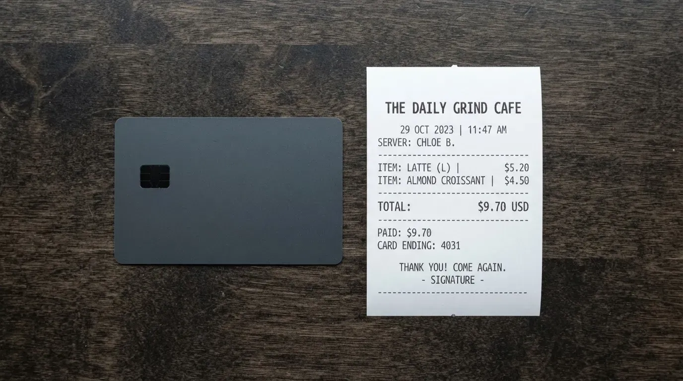 A receipt and a card on a café table