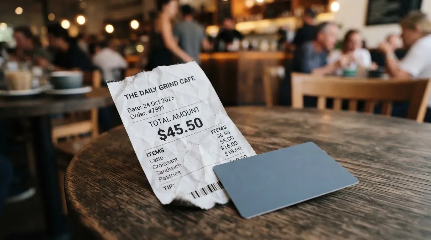 A receipt and a card on a café table