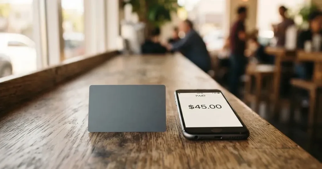 A payment card next to a phone with a crypto wallet app open