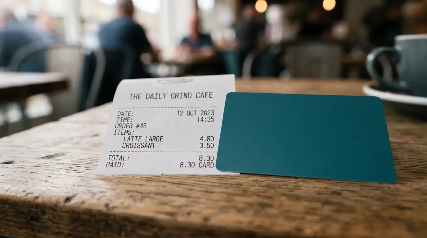 A receipt and a card on a café table