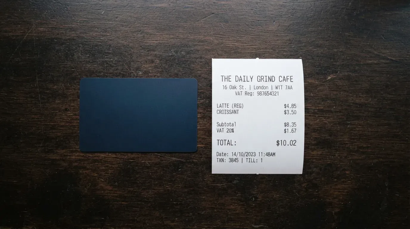 A receipt and a card on a café table