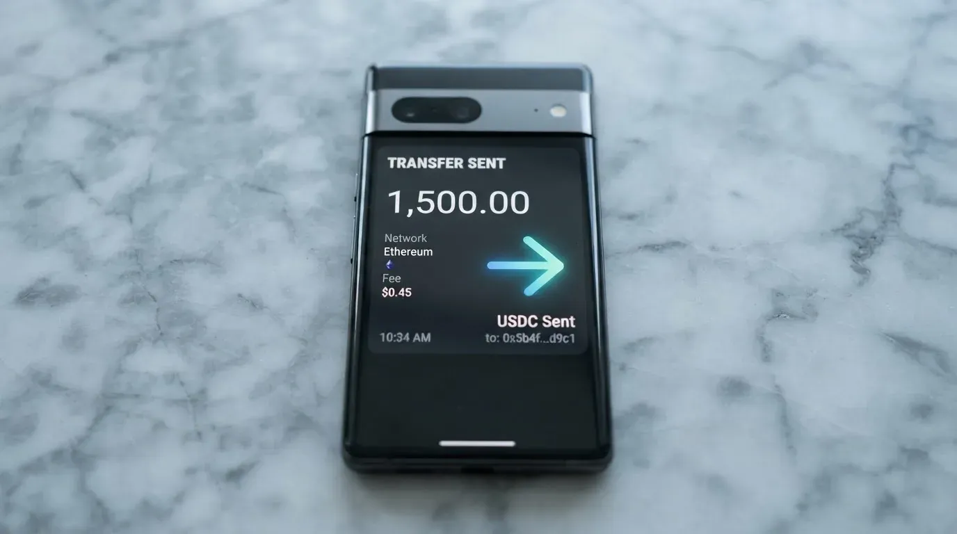 A phone showing a stablecoin transfer screen