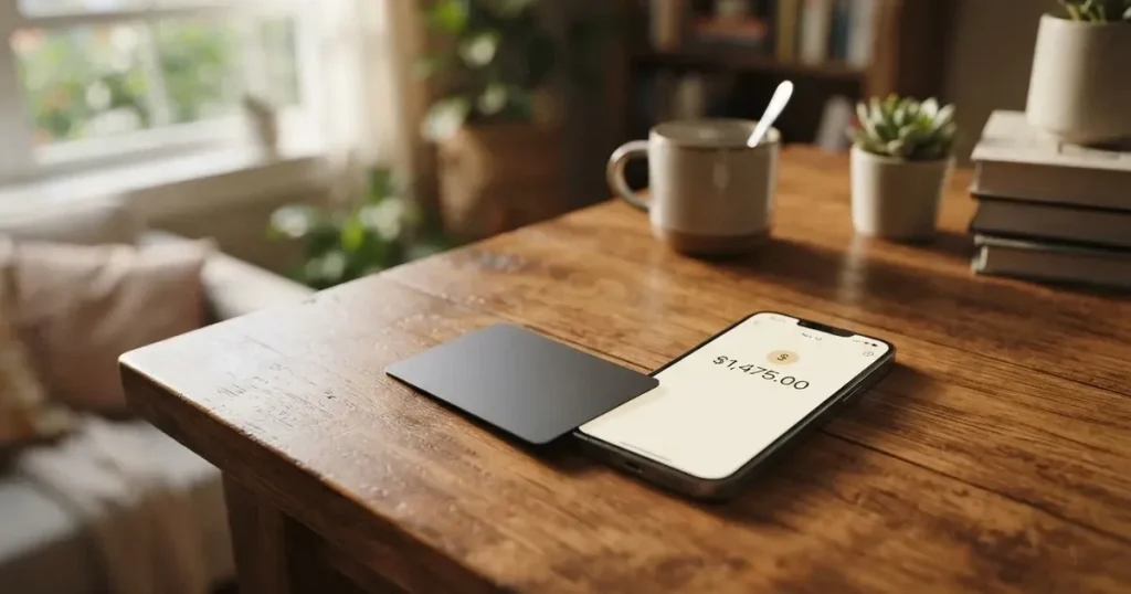 A payment card next to a phone with a crypto wallet app open