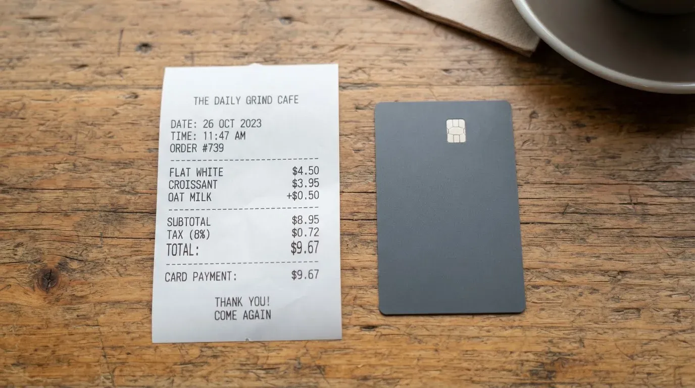 A receipt and a card on a café table