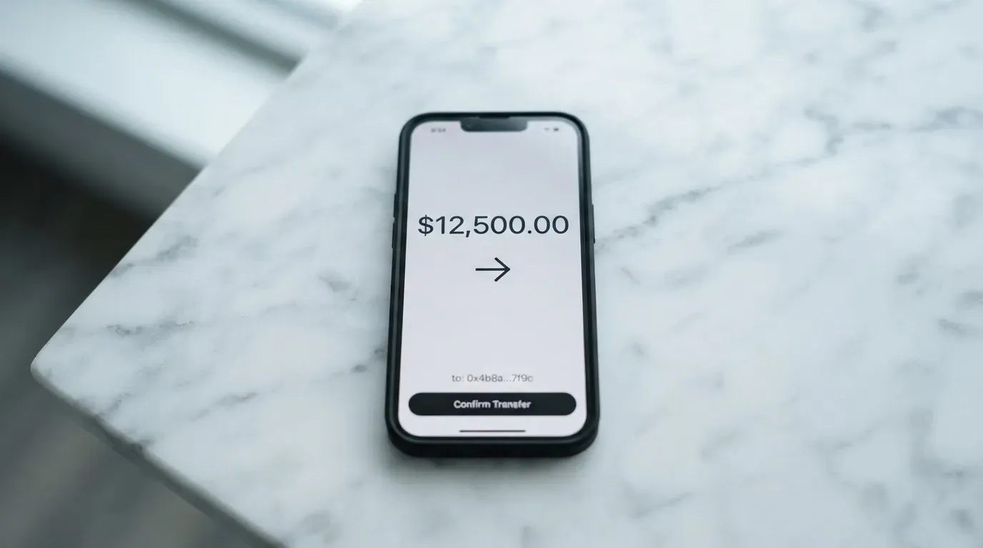 A phone showing a stablecoin transfer screen