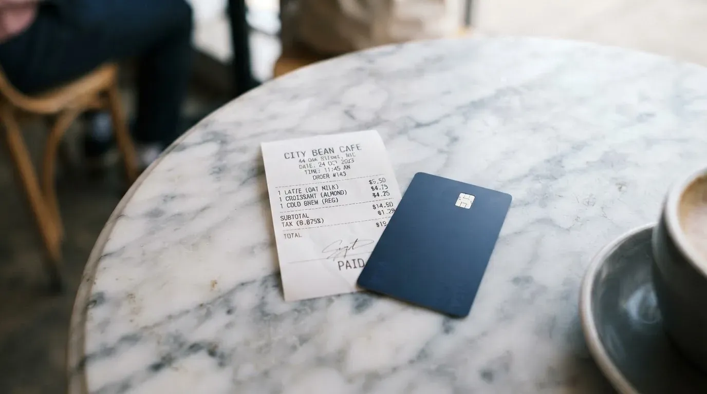 A receipt and a card on a café table