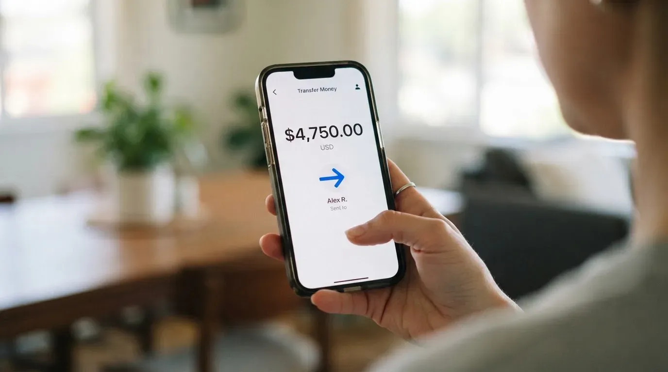 A phone showing a stablecoin transfer screen