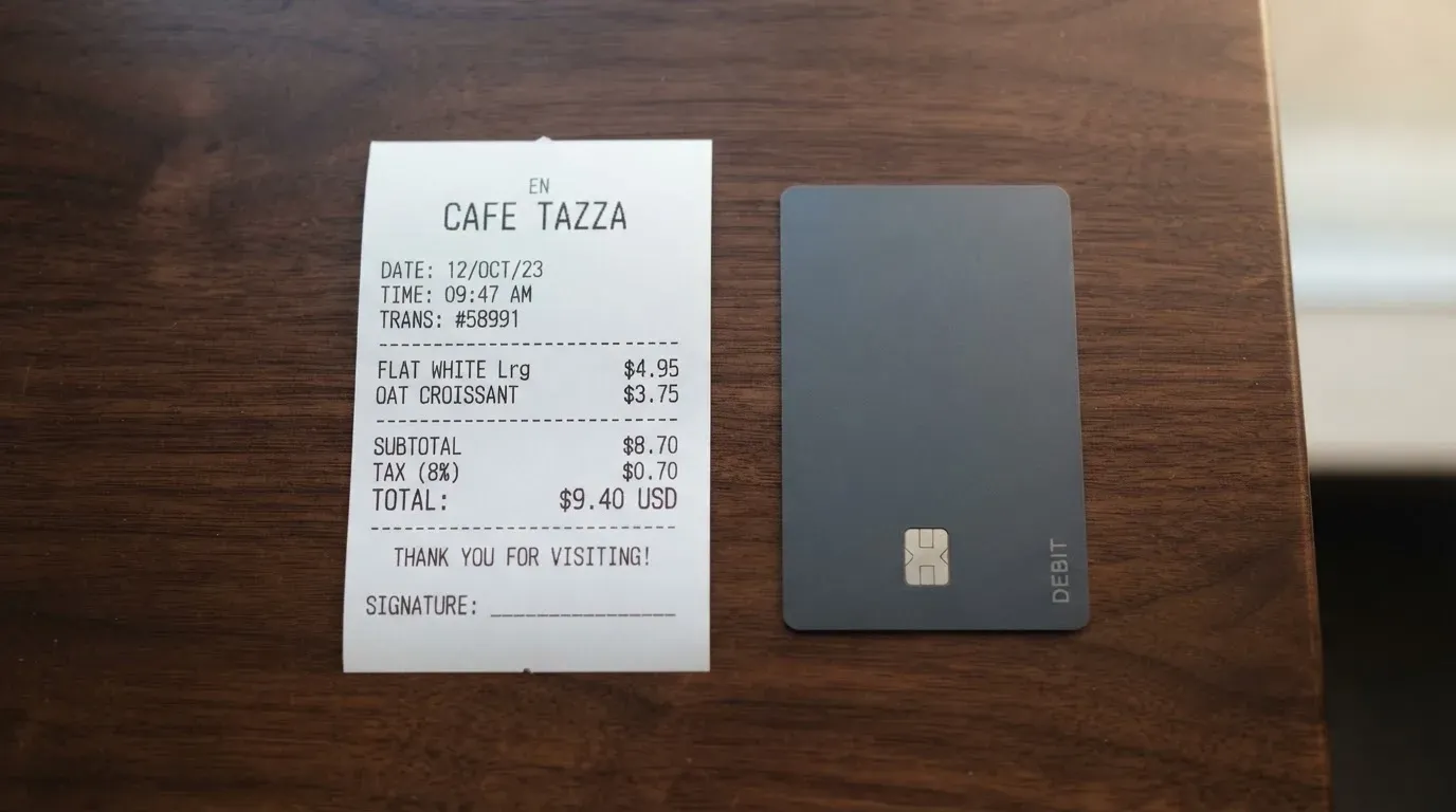 A receipt and a card on a café table
