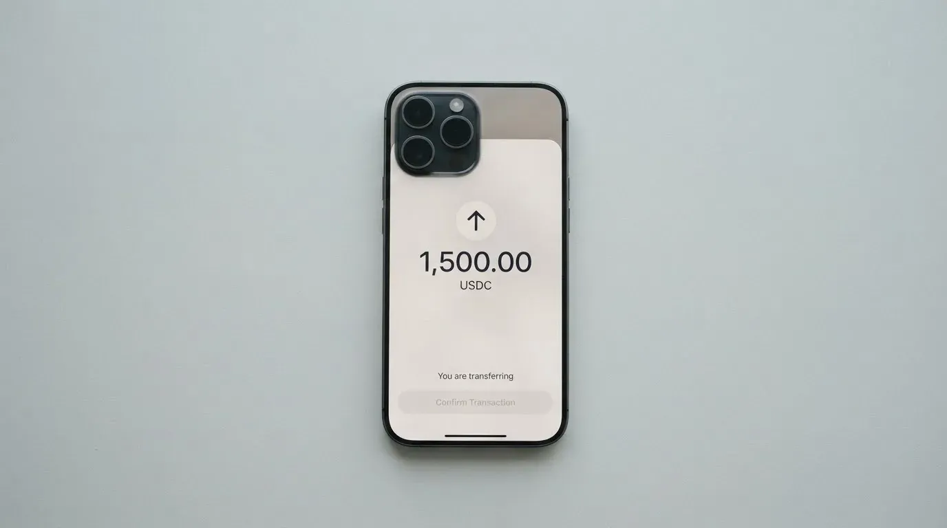 A phone showing a stablecoin transfer screen