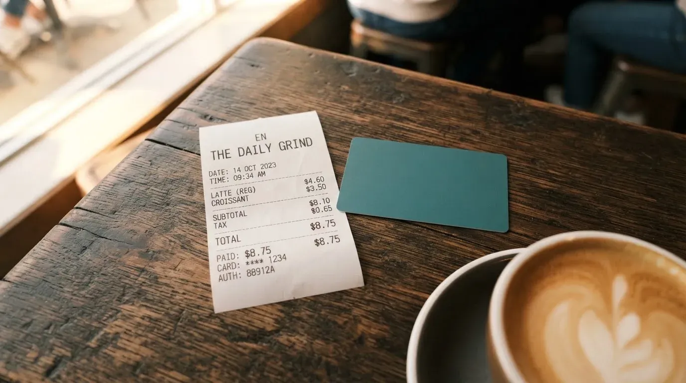 A receipt and a card on a café table