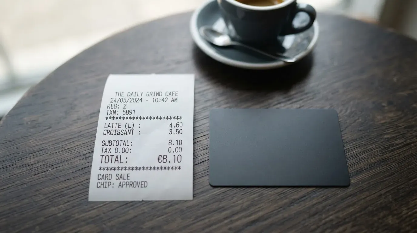 A receipt and a card on a café table