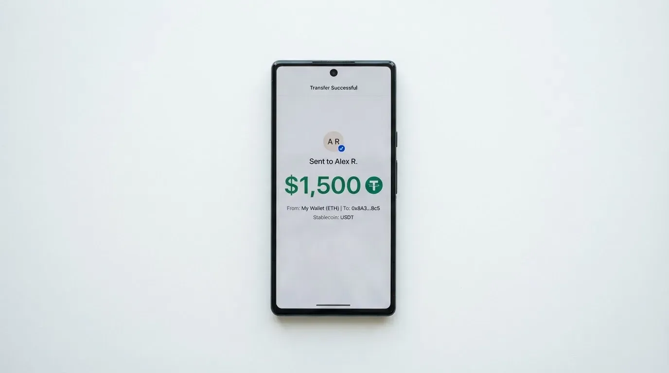 A phone showing a stablecoin transfer screen