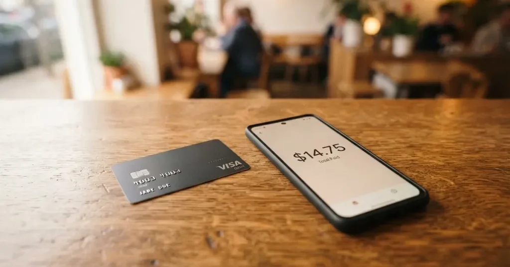 A payment card next to a phone with a crypto wallet app open