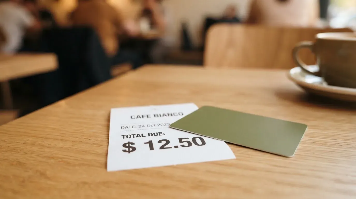 A receipt and a card on a café table