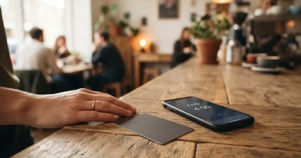 A payment card next to a phone with a crypto wallet app open