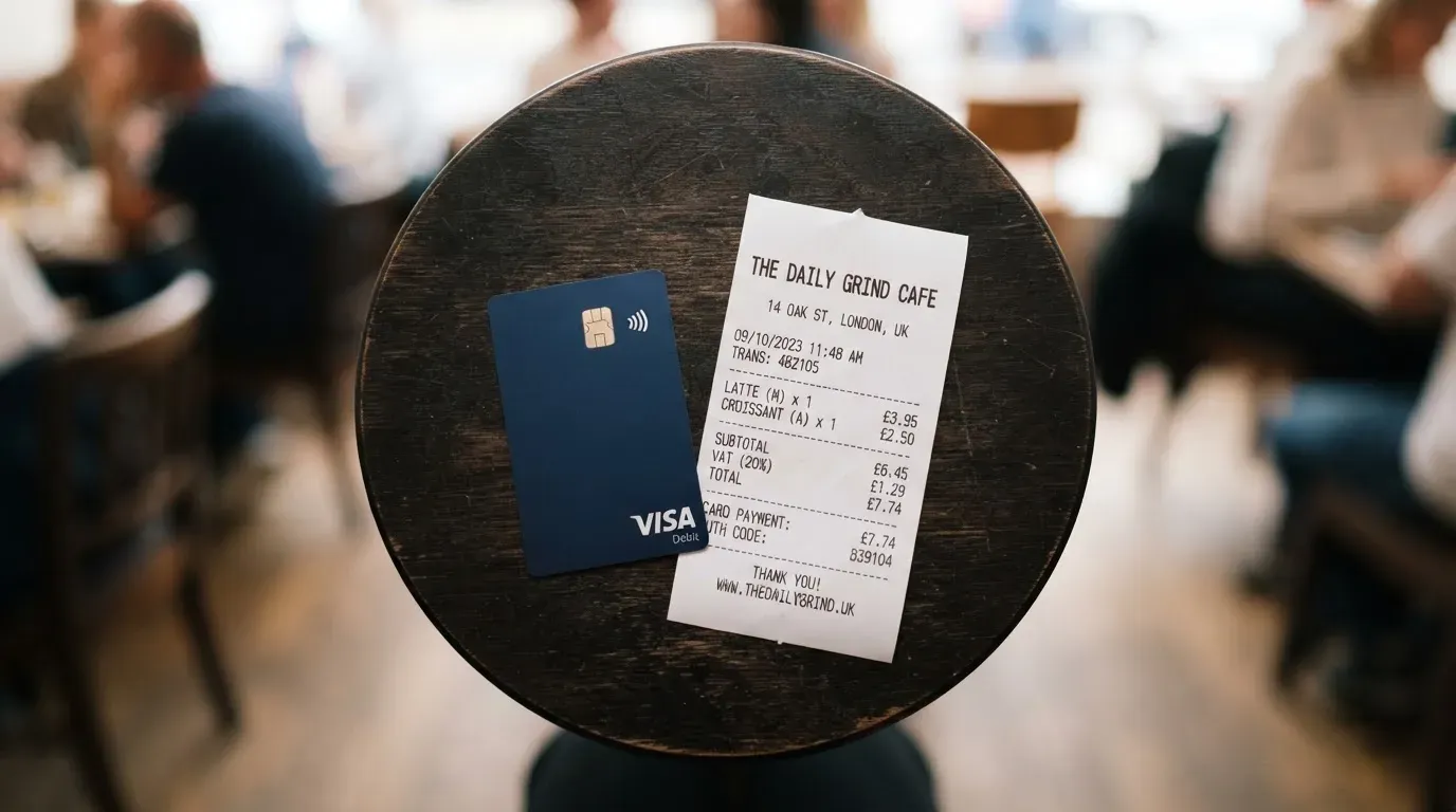 A receipt and a card on a café table