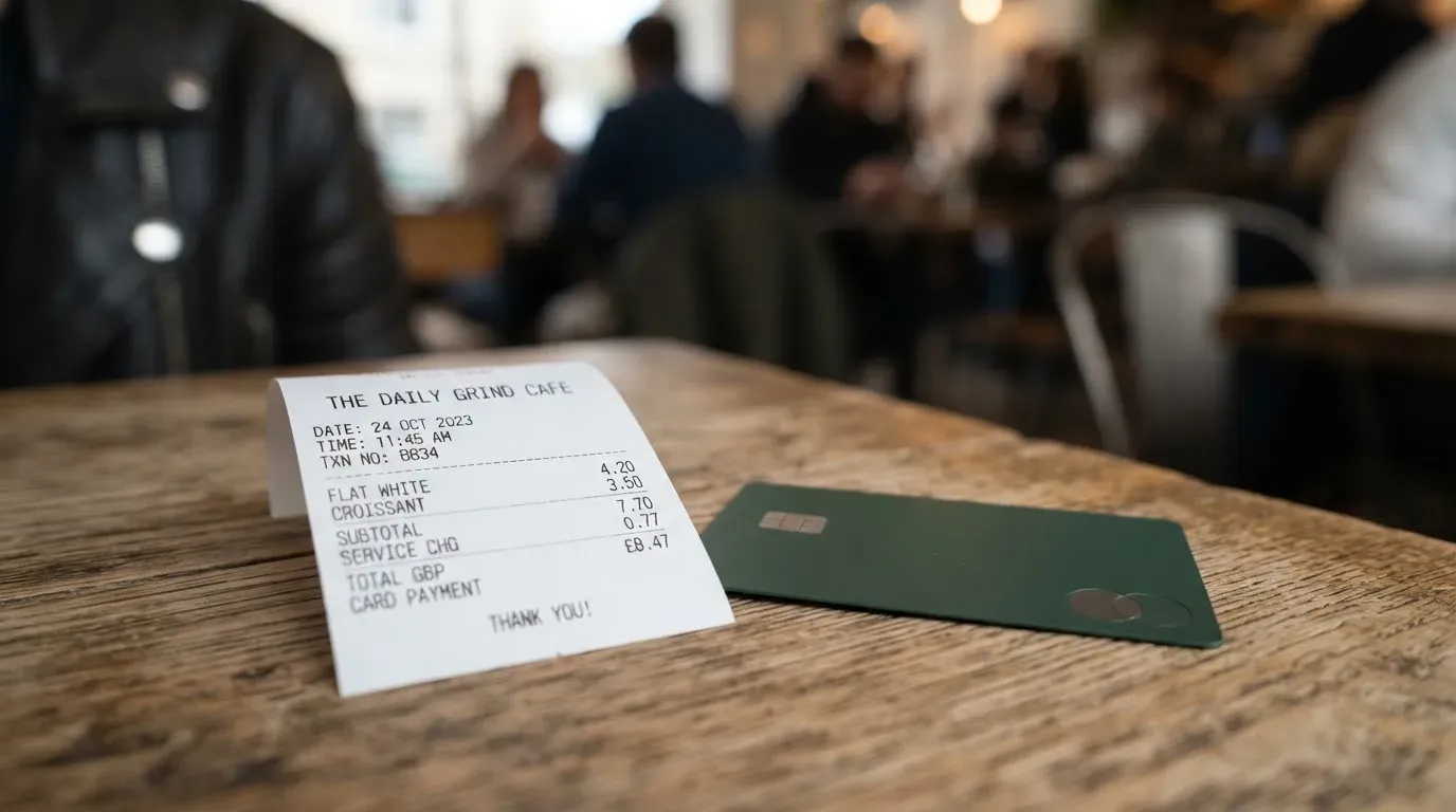 A receipt and a card on a café table