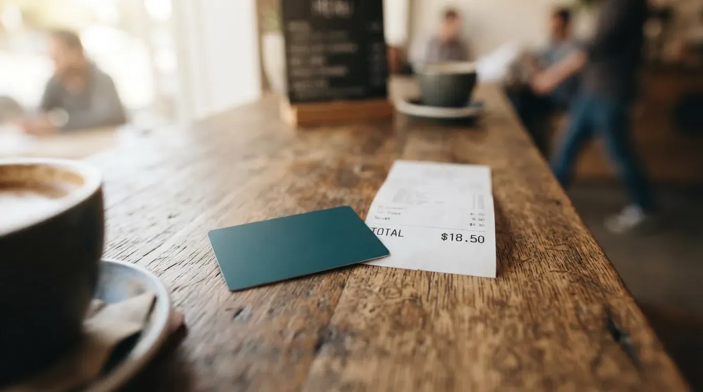 A receipt and a card on a café table