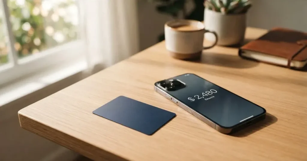 A payment card next to a phone with a crypto wallet app open