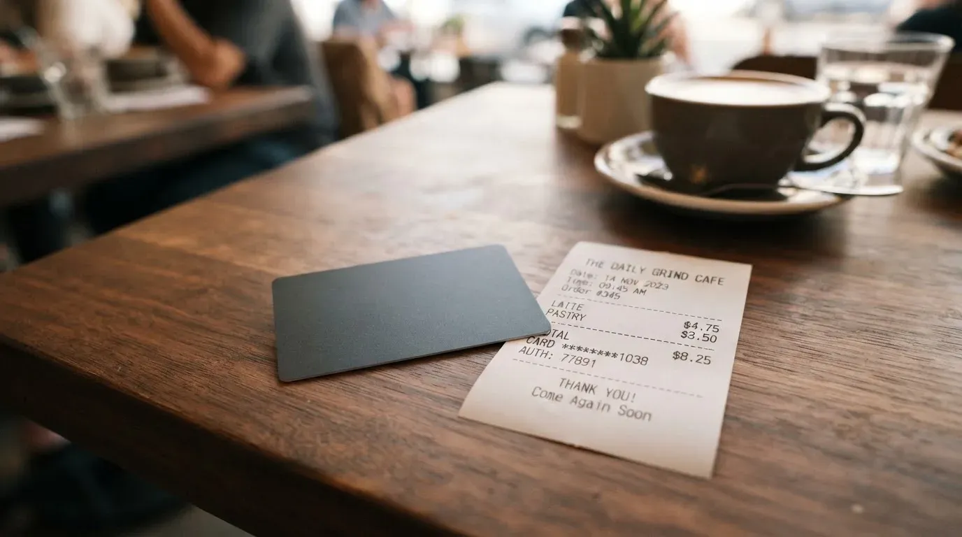 A receipt and a card on a café table