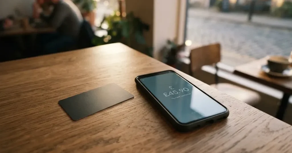 A payment card next to a phone with a crypto wallet app open