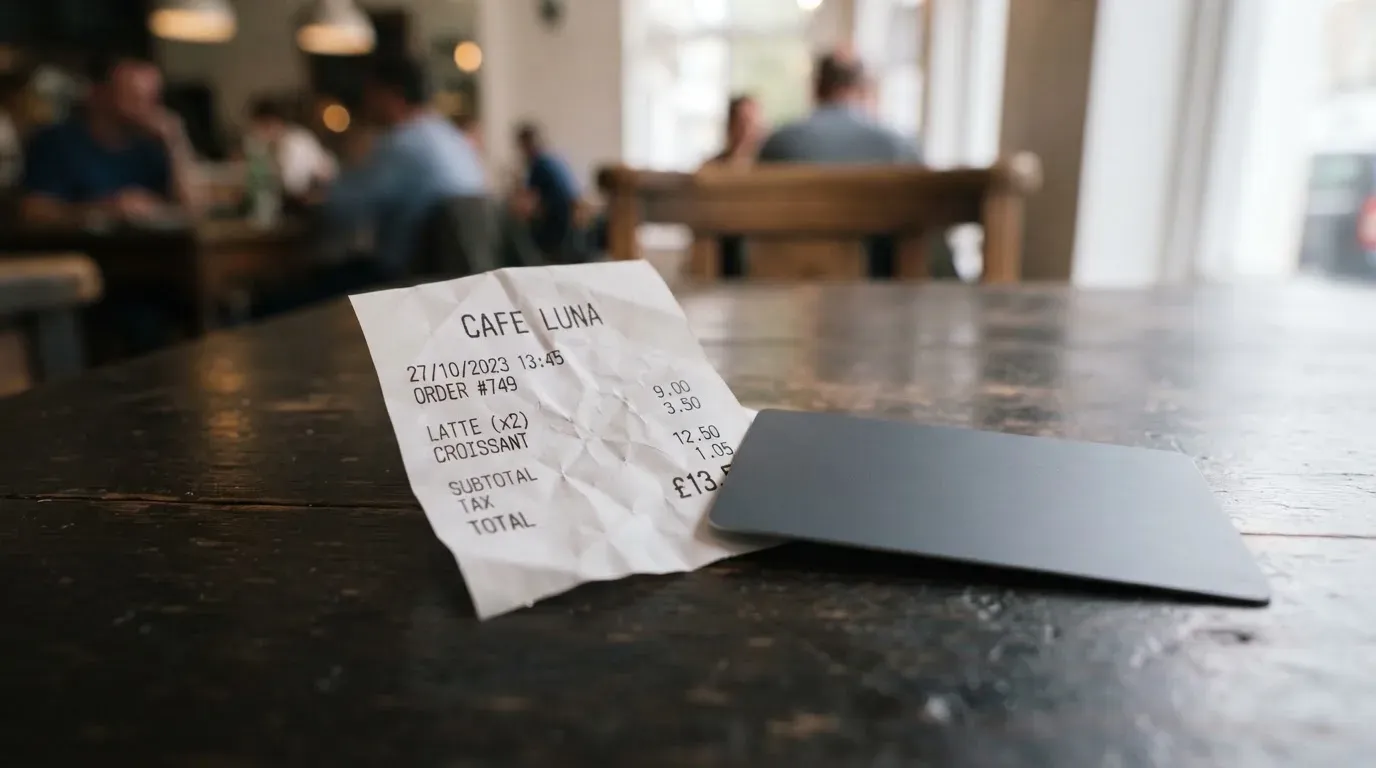 A receipt and a card on a café table