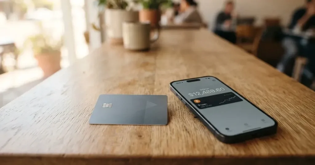 A payment card next to a phone with a crypto wallet app open