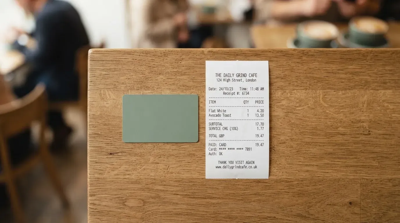 A receipt and a card on a café table