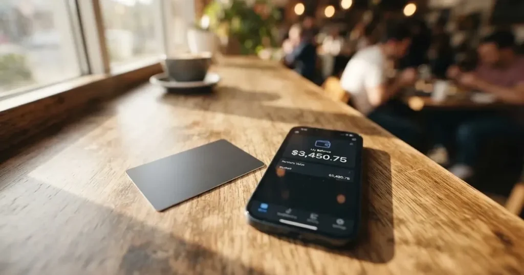 A payment card next to a phone with a crypto wallet app open