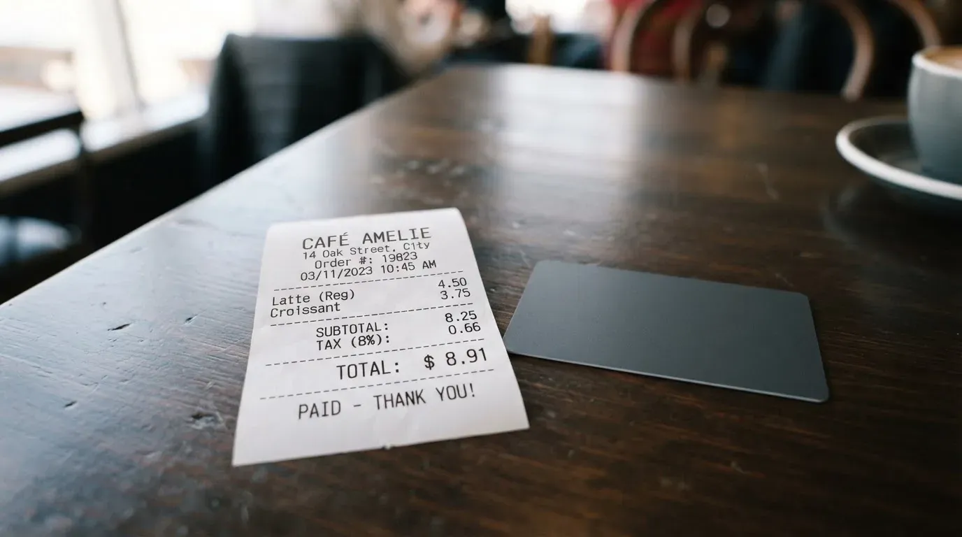 A receipt and a card on a café table