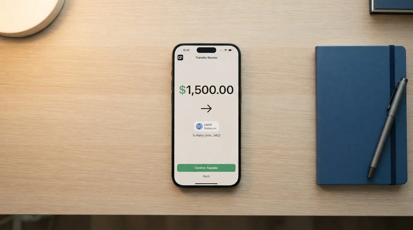 A phone showing a stablecoin transfer screen