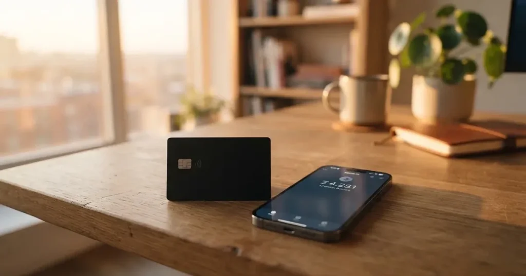 A payment card next to a phone with a crypto wallet app open