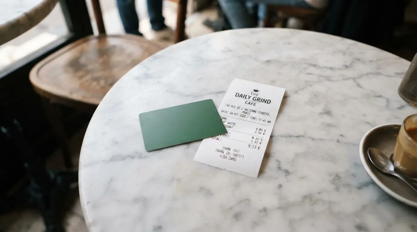 A receipt and a card on a café table
