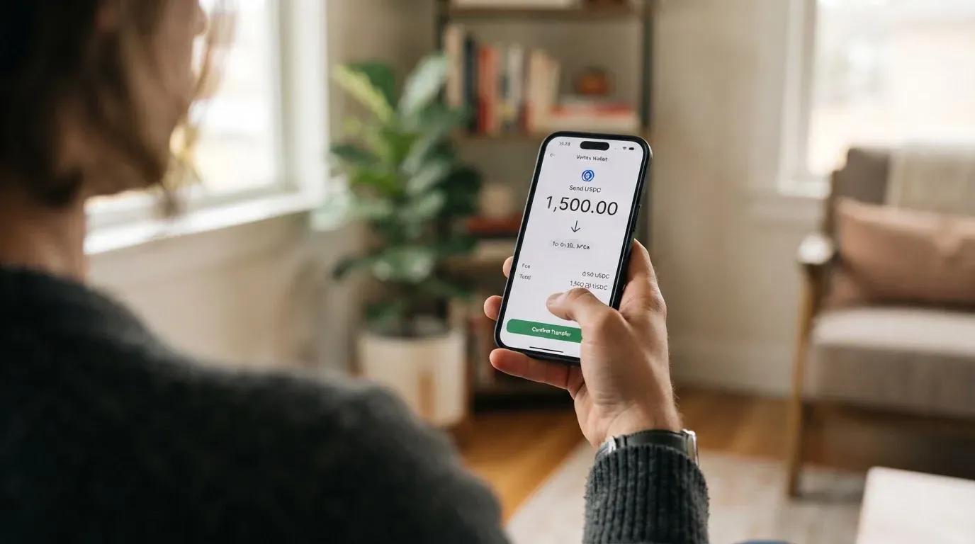 A phone showing a stablecoin transfer screen
