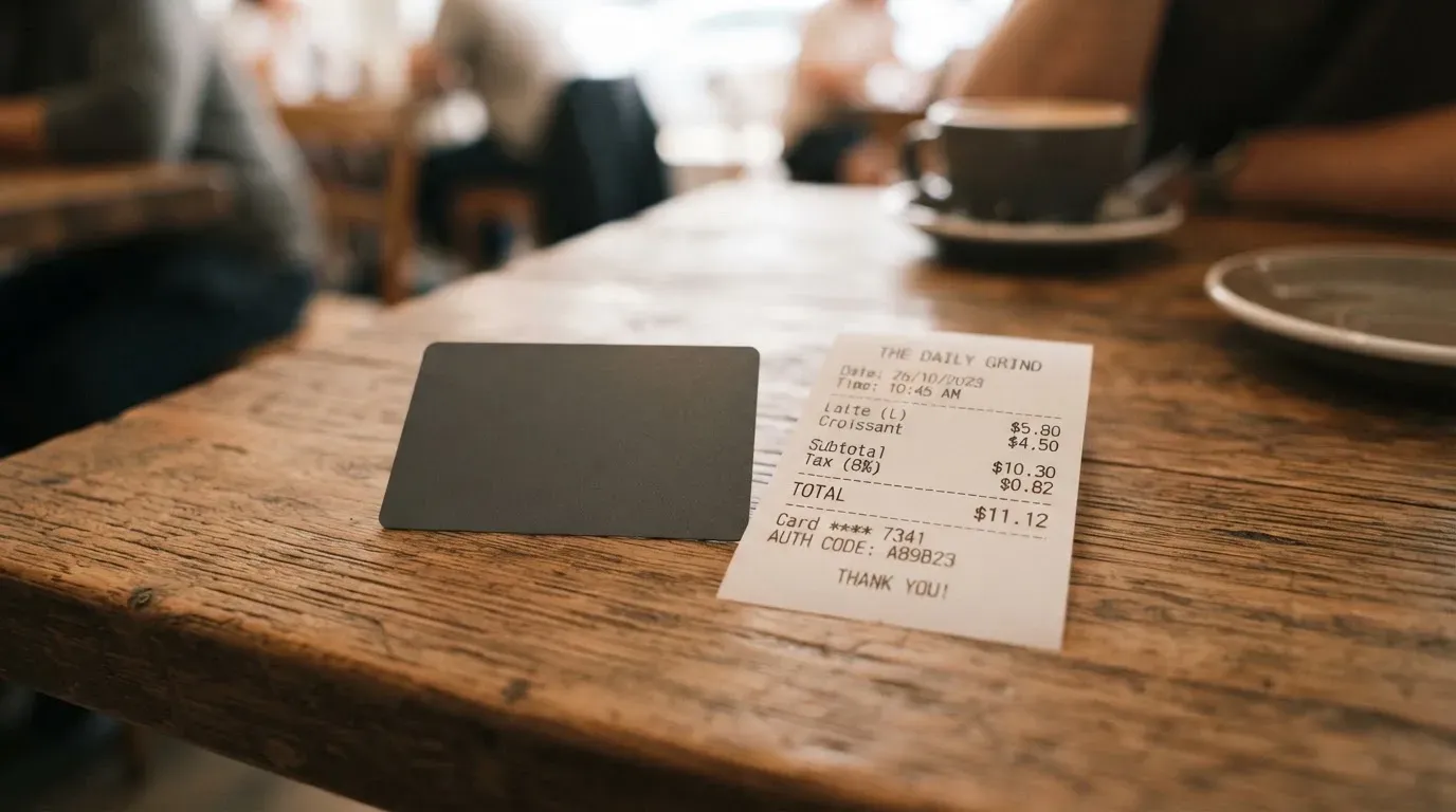 A receipt and a card on a café table