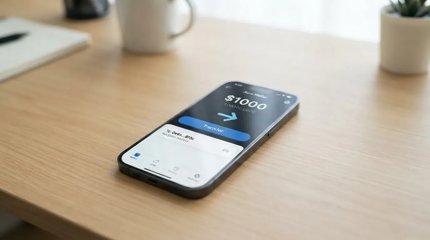 A phone showing a stablecoin transfer screen