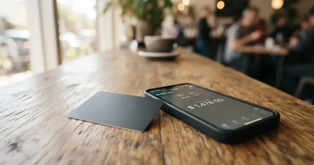 A payment card next to a phone with a crypto wallet app open