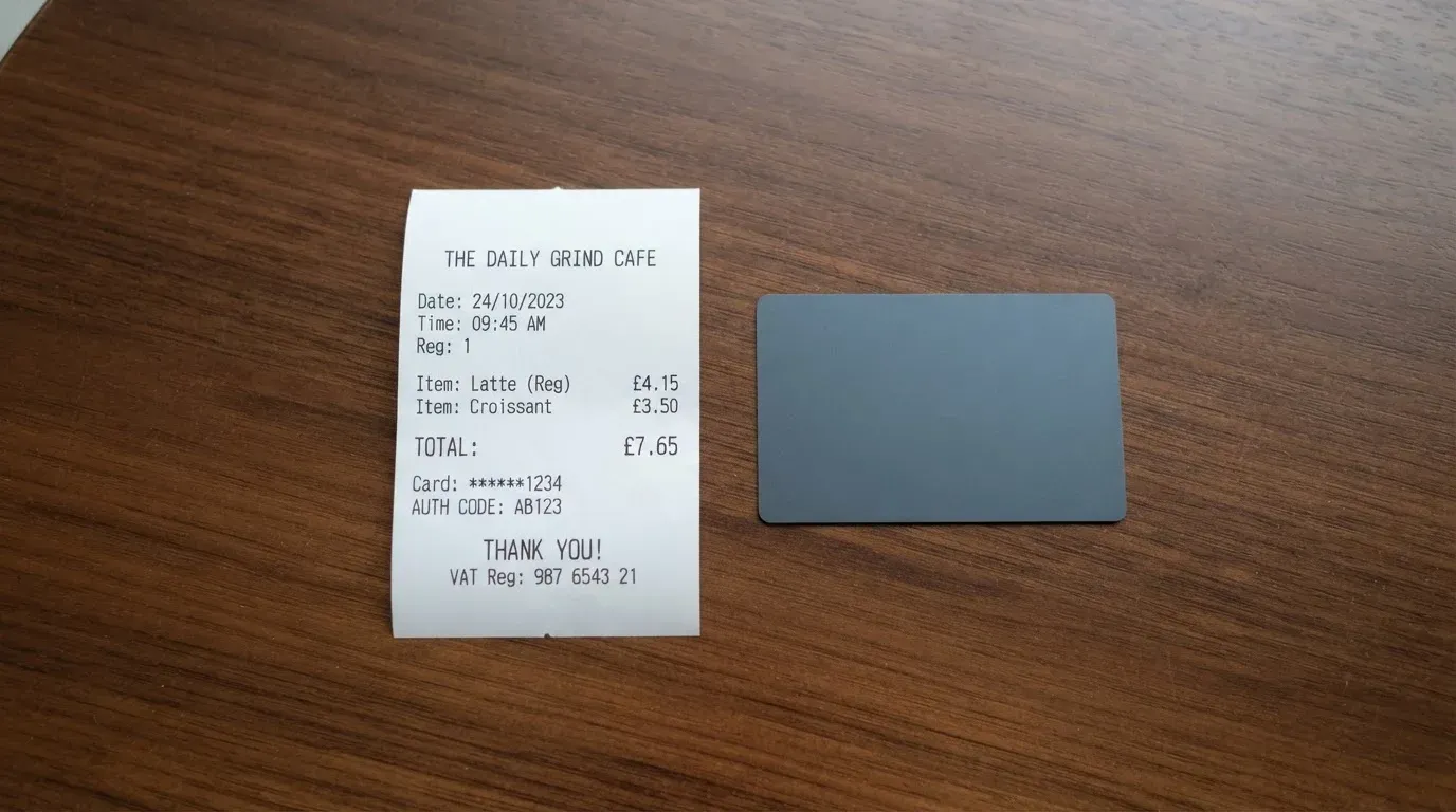 A receipt and a card on a café table