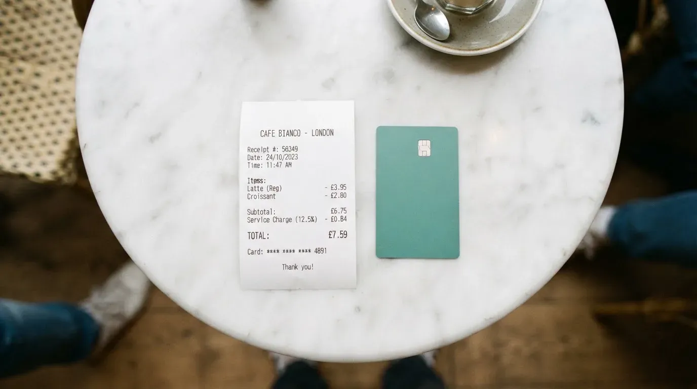 A receipt and a card on a café table