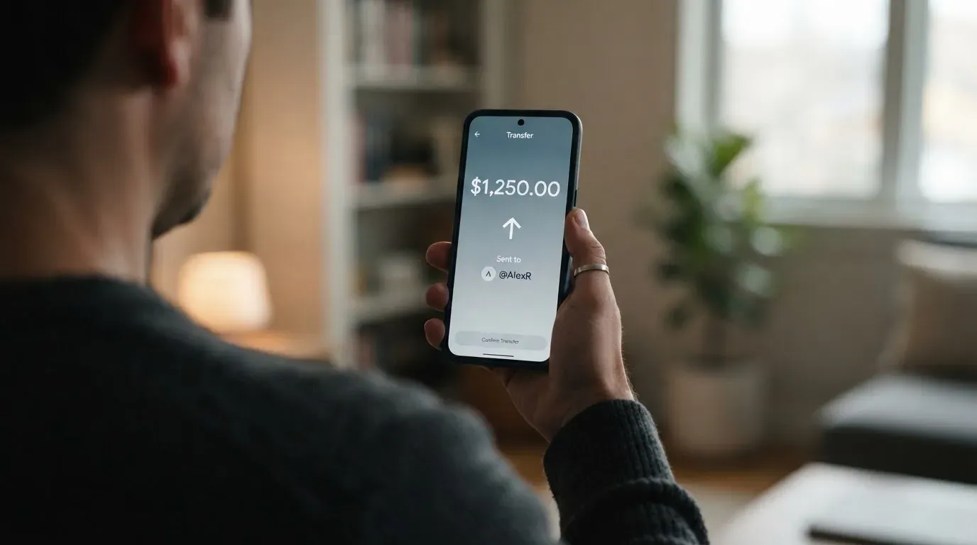 A phone showing a stablecoin transfer screen
