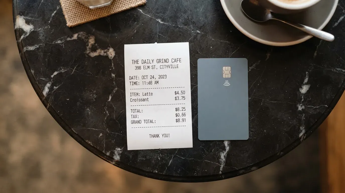 A receipt and a card on a café table