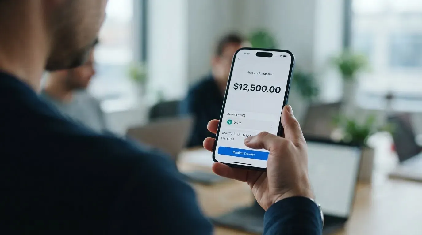 A phone showing a stablecoin transfer screen