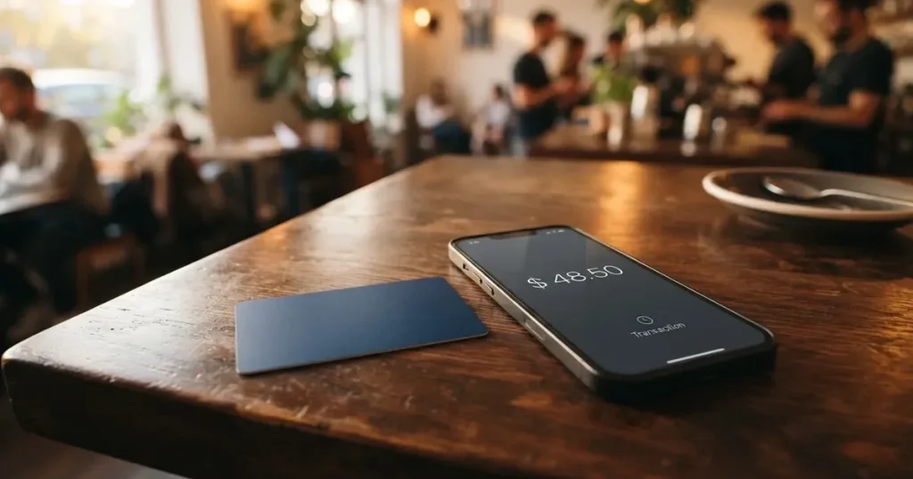A payment card next to a phone with a crypto wallet app open