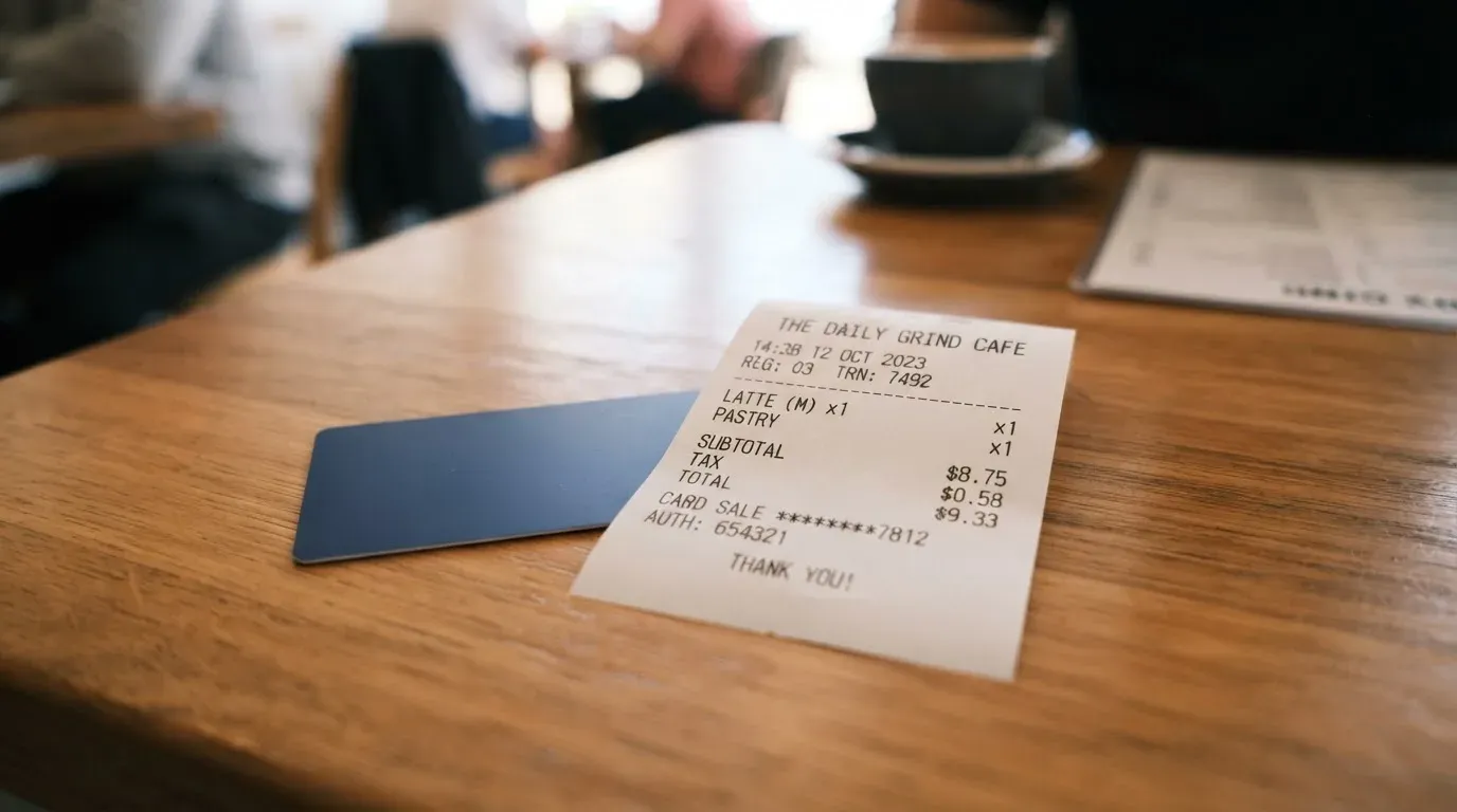 A receipt and a card on a café table