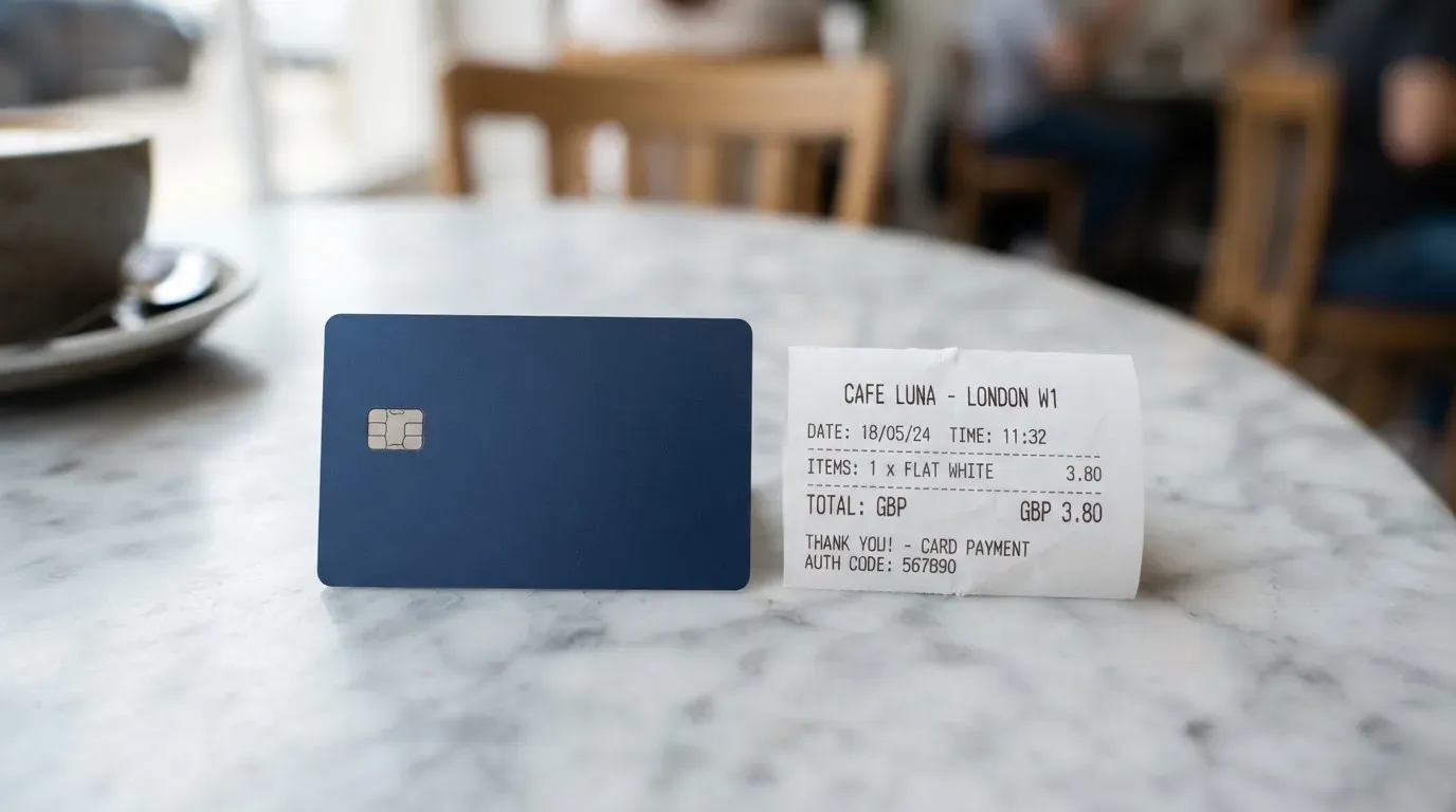 A receipt and a card on a café table