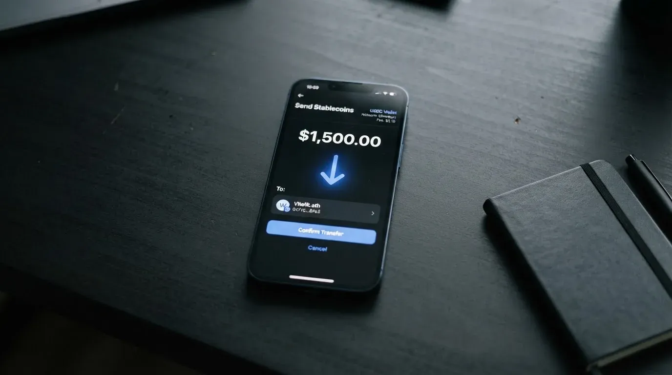 A phone showing a stablecoin transfer screen